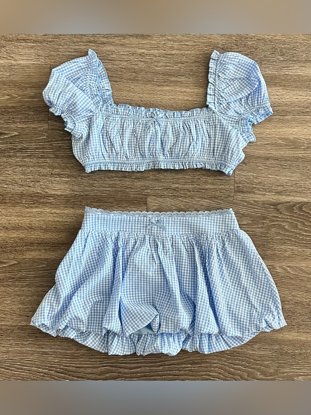 Outcast Bonniee Blue Gingham Two-Piece Puff Sleeve Crop Top + Skirt Set Medium